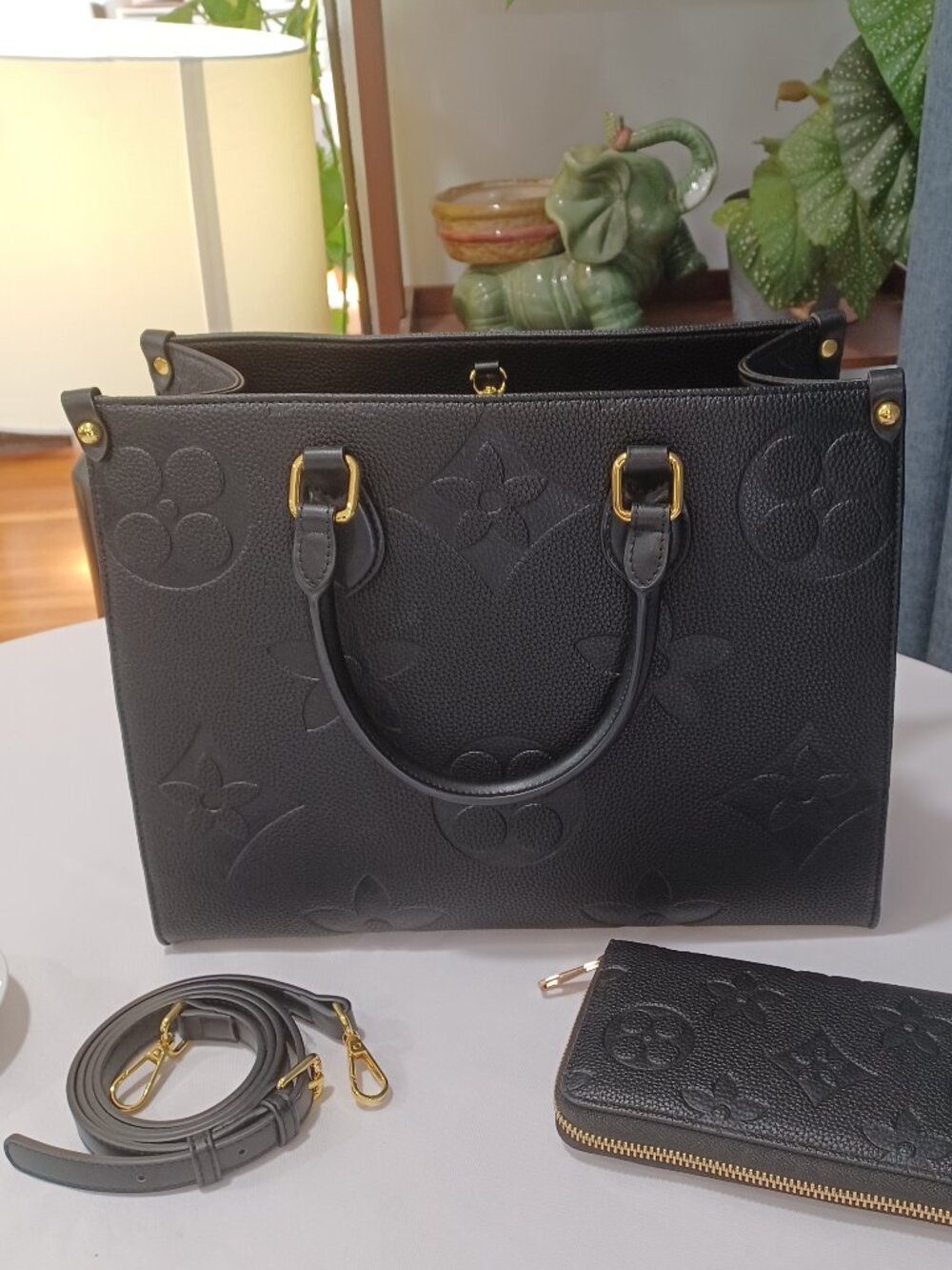Top Handle Bag + Wallet | Black Large Print | Crossbody Strap | Structured Work